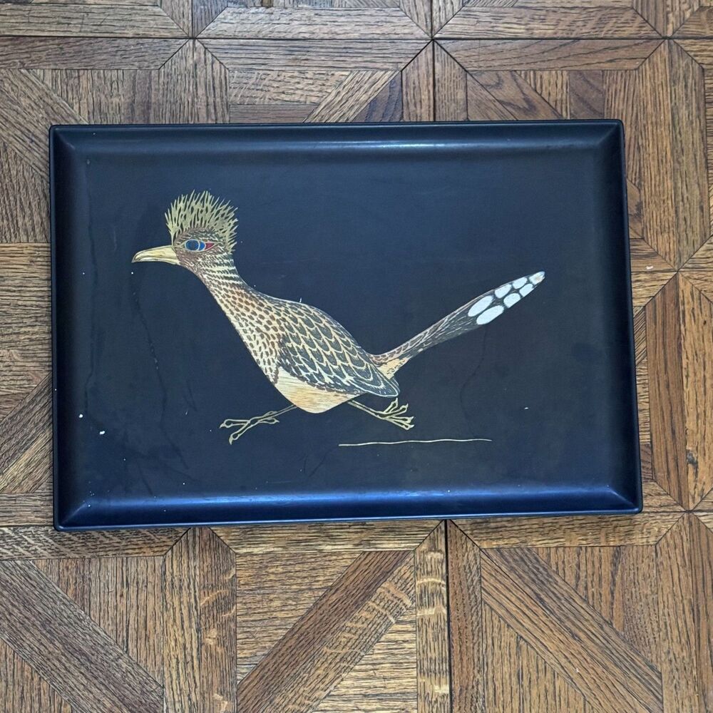 Vintage Couroc of Monterey Roadrunner Serving Tray Black Resin MCM 18” X 12.5”
